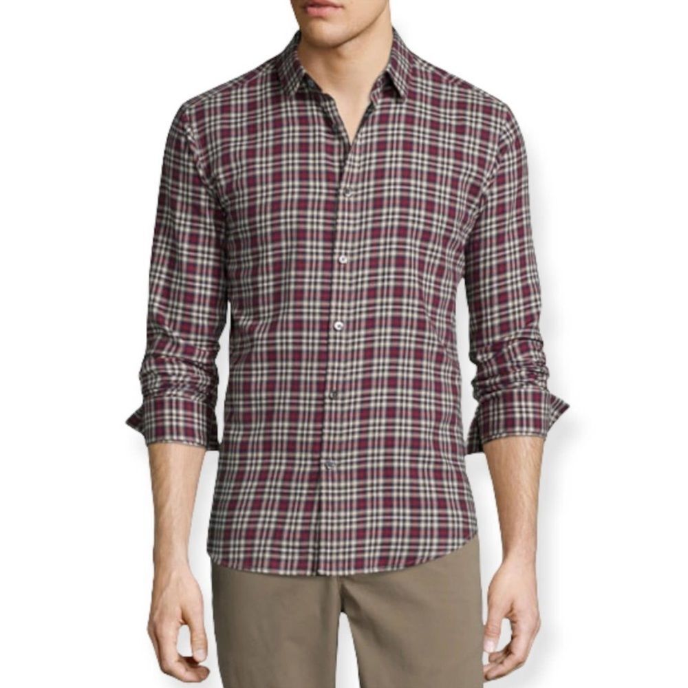Theory 100% Cotton Zack Plaid Long-Sleeve Sport Shirt Button Front Collared XL